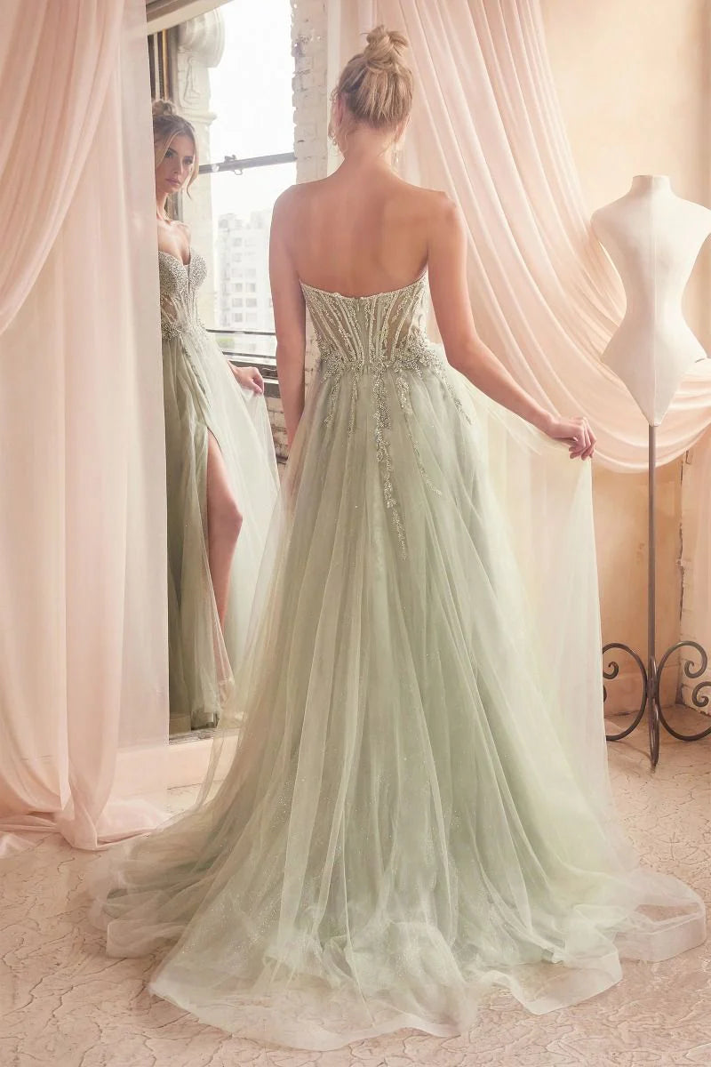 Enchanting strapless sweetheart neck tulle evening dress with beaded corset bodice, high slit and flowing train