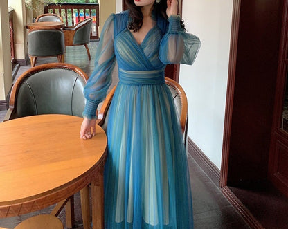 Ethereal Blue-Green Ombre Tulle Evening Dress with Sheer Puff Sleeves and V-Neck