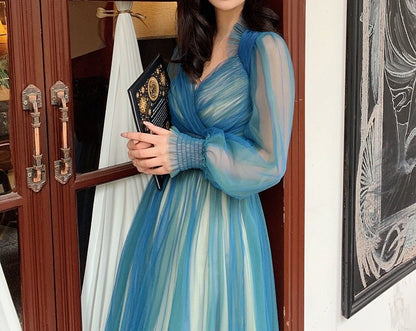 Ethereal Blue-Green Ombre Tulle Evening Dress with Sheer Puff Sleeves and V-Neck
