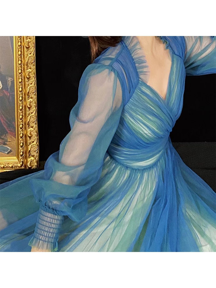 Ethereal Blue-Green Ombre Tulle Evening Dress with Sheer Puff Sleeves and V-Neck