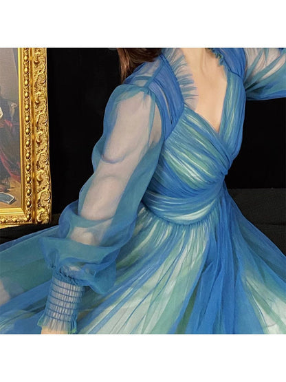 Ethereal Blue-Green Ombre Tulle Evening Dress with Sheer Puff Sleeves and V-Neck