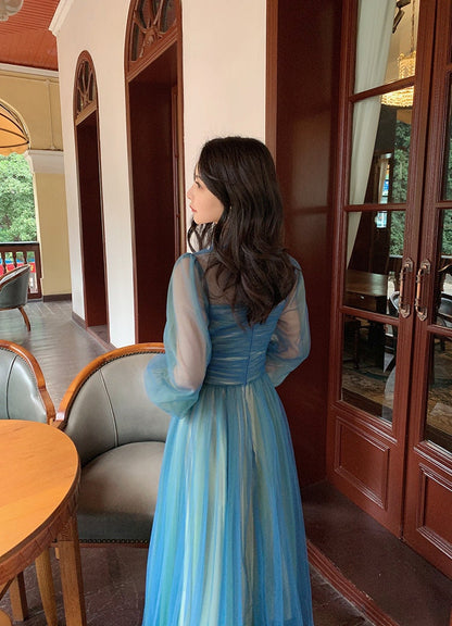 Ethereal Blue-Green Ombre Tulle Evening Dress with Sheer Puff Sleeves and V-Neck