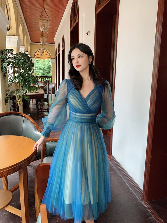 Ethereal Blue-Green Ombre Tulle Evening Dress with Sheer Puff Sleeves and V-Neck
