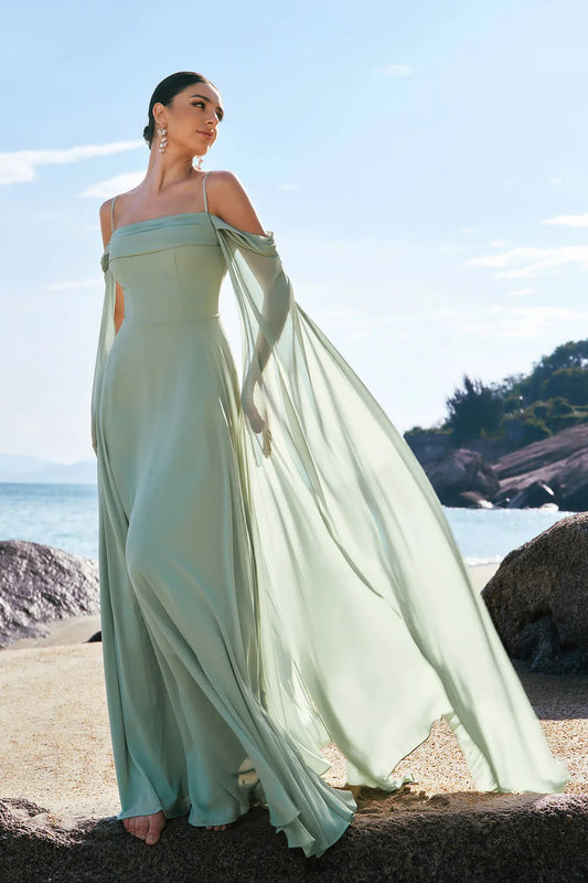 Ethereal Chiffon A-Line Off-the-Shoulder Draped Sleeve Tie Back Floor-Length Formal Evening Dresses