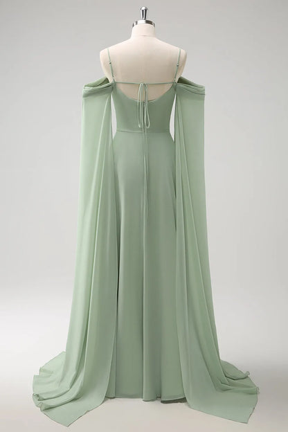 Ethereal Chiffon A-Line Off-the-Shoulder Draped Sleeve Tie Back Floor-Length Formal Evening Dresses