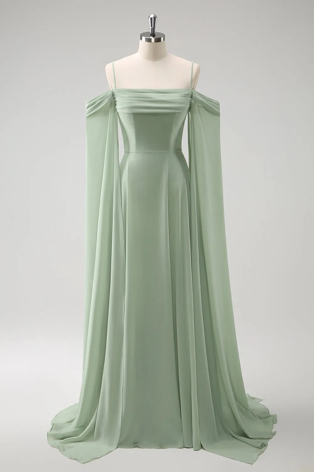 Ethereal Chiffon A-Line Off-the-Shoulder Draped Sleeve Tie Back Floor-Length Formal Evening Dresses