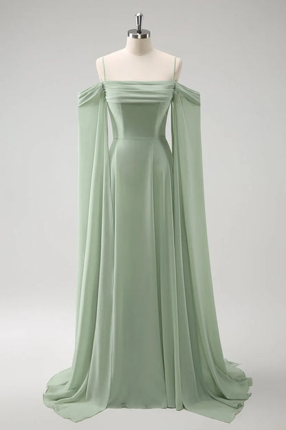Ethereal Chiffon A-Line Off-the-Shoulder Draped Sleeve Tie Back Floor-Length Formal Evening Dresses