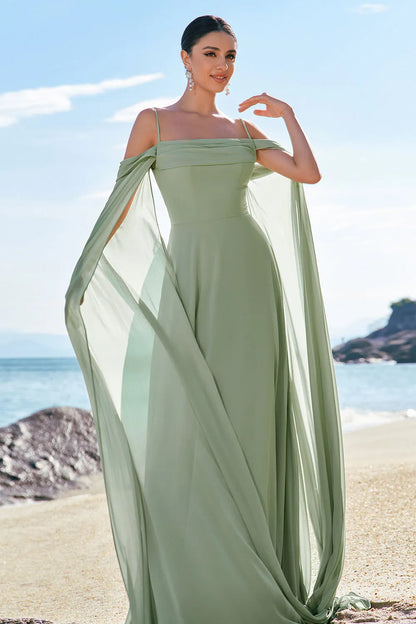 Ethereal Chiffon A-Line Off-the-Shoulder Draped Sleeve Tie Back Floor-Length Formal Evening Dresses