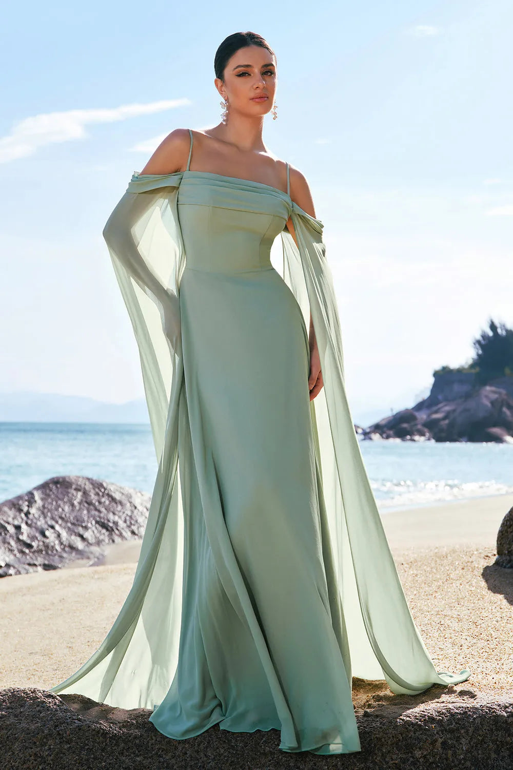 Ethereal Chiffon A-Line Off-the-Shoulder Draped Sleeve Tie Back Floor-Length Formal Evening Dresses