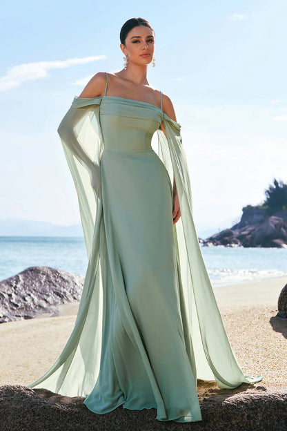 Ethereal Chiffon A-Line Off-the-Shoulder Draped Sleeve Tie Back Floor-Length Formal Evening Dresses