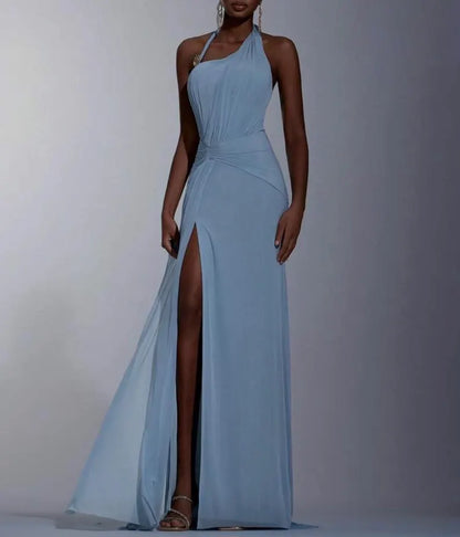 Ethereal Dusty Blue Chiffon Evening Dresses with Halter Neck, Ruched Waist, High Slit and Flowing Mermaid Silhouette Formal Gown