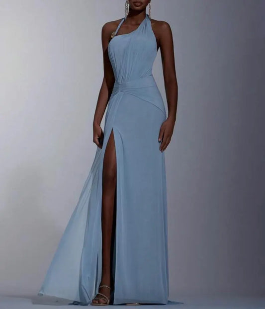 Ethereal Dusty Blue Chiffon Evening Dresses with Halter Neck, Ruched Waist, High Slit and Flowing Mermaid Silhouette Formal Gown