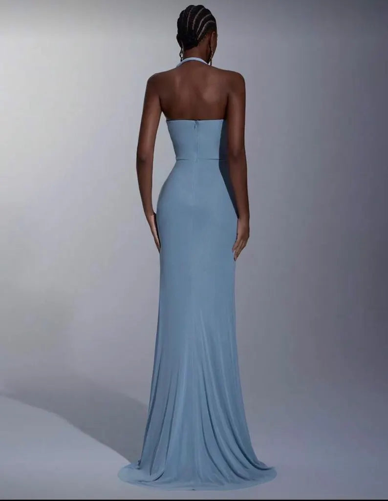 Ethereal Dusty Blue Chiffon Evening Dresses with Halter Neck, Ruched Waist, High Slit and Flowing Mermaid Silhouette Formal Gown