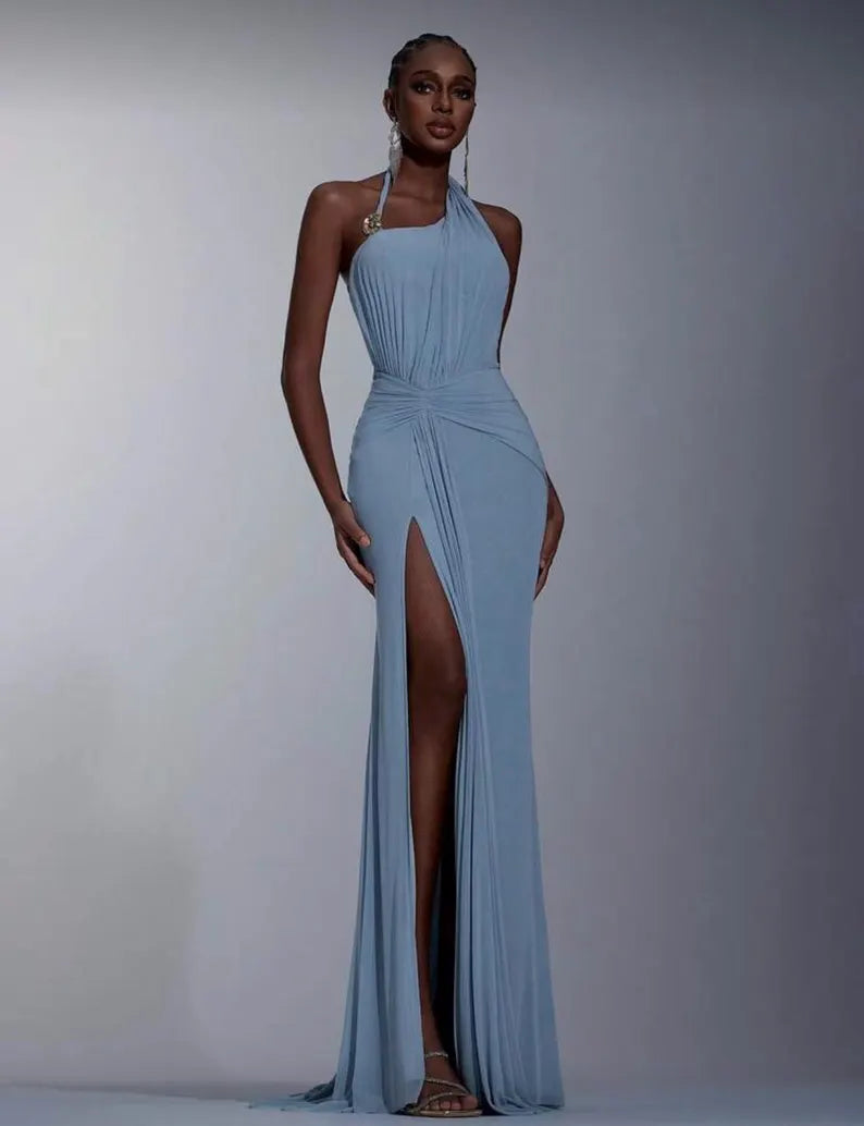 Ethereal Dusty Blue Chiffon Evening Dresses with Halter Neck, Ruched Waist, High Slit and Flowing Mermaid Silhouette Formal Gown