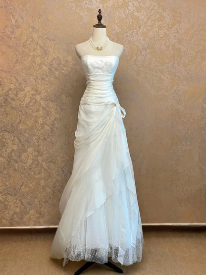 Ethereal Ivory Organza Mermaid Strapless Sweetheart Neck Lace-Up Back Prom Dresses