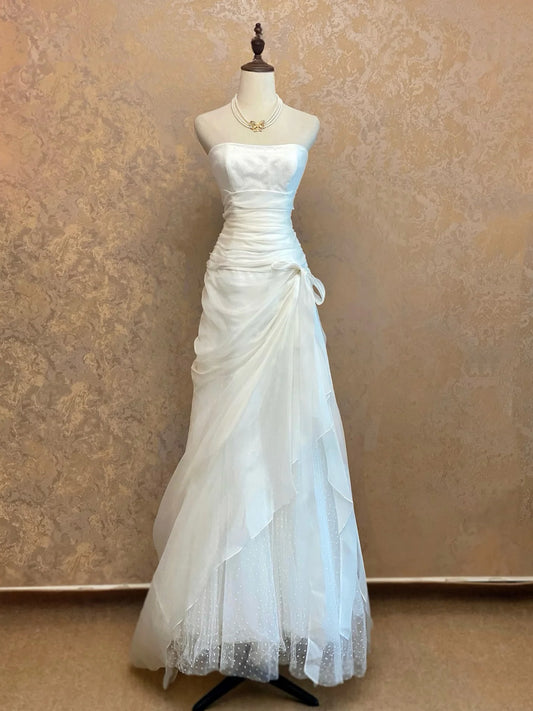 Ethereal Ivory Organza Mermaid Strapless Sweetheart Neck Lace-Up Back Prom Dresses