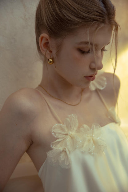 Ethereal Ivory Satin Evening Dress with 3D Floral Appliqués, Spaghetti Straps and Open Back