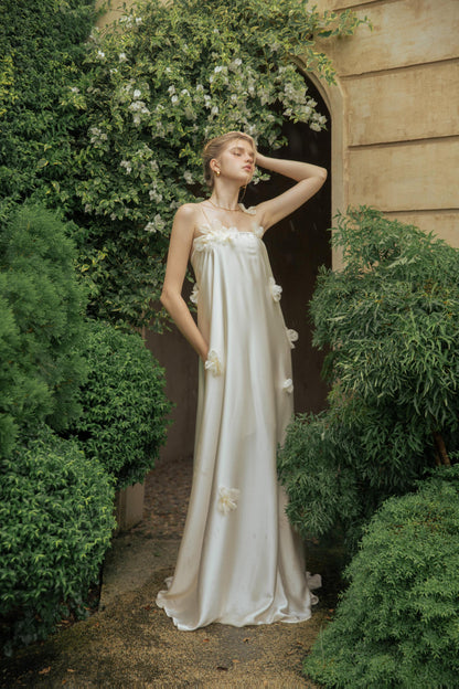 Ethereal Ivory Satin Evening Dress with 3D Floral Appliqués, Spaghetti Straps and Open Back