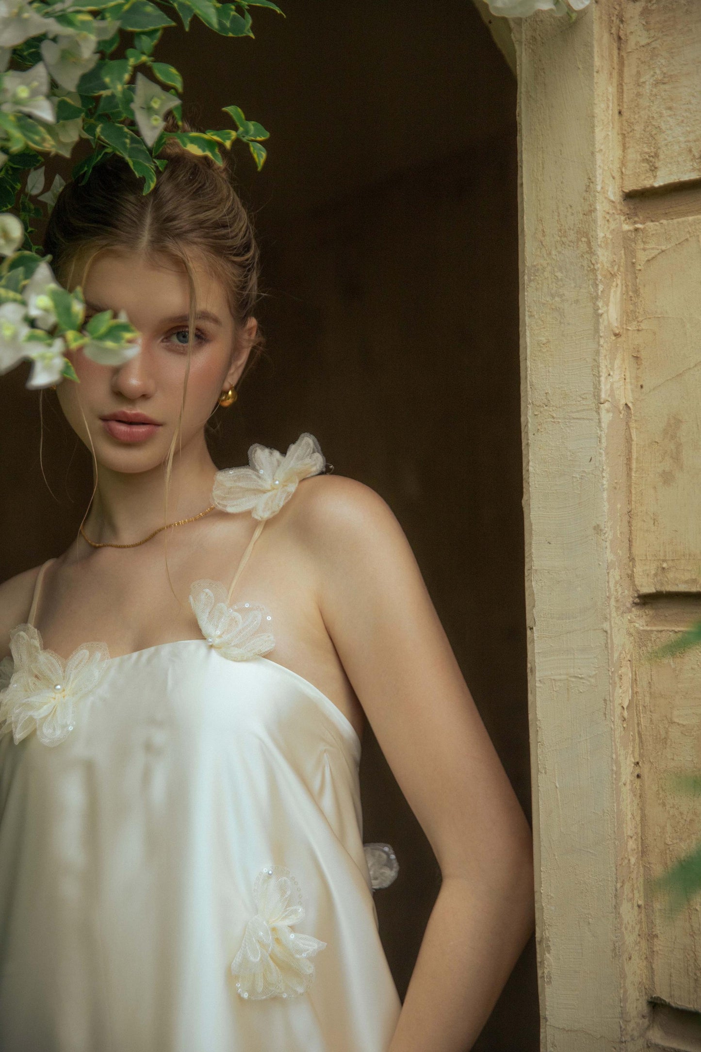Ethereal Ivory Satin Evening Dress with 3D Floral Appliqués, Spaghetti Straps and Open Back