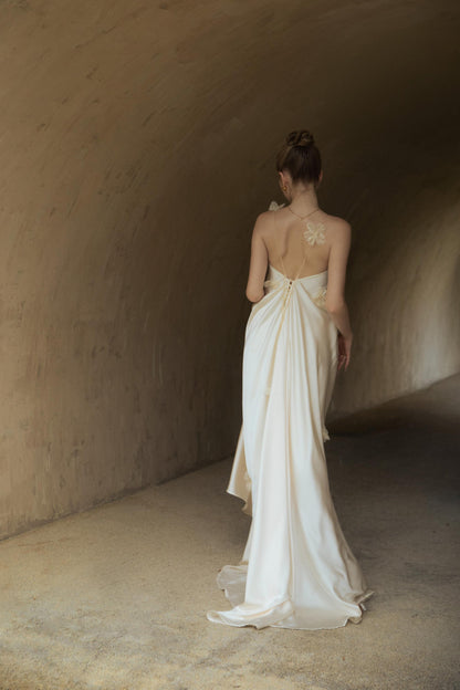 Ethereal Ivory Satin Evening Dress with 3D Floral Appliqués, Spaghetti Straps and Open Back