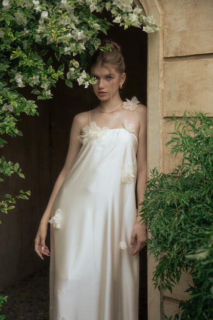Ethereal Ivory Satin Evening Dress with 3D Floral Appliqués, Spaghetti Straps and Open Back