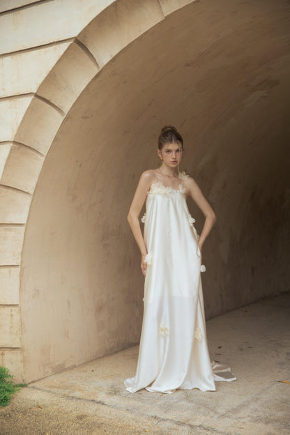 Ethereal Ivory Satin Evening Dress with 3D Floral Appliqués, Spaghetti Straps and Open Back