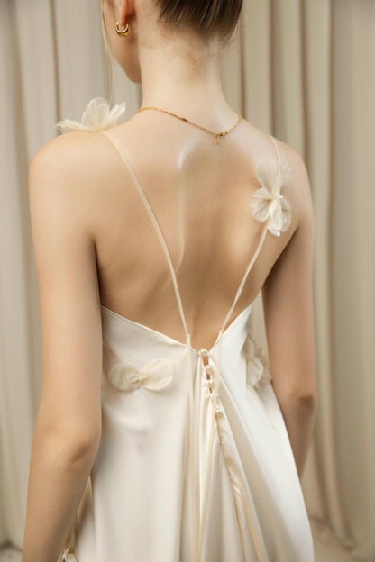 Ethereal Ivory Satin Evening Dress with 3D Floral Appliqués, Spaghetti Straps and Open Back