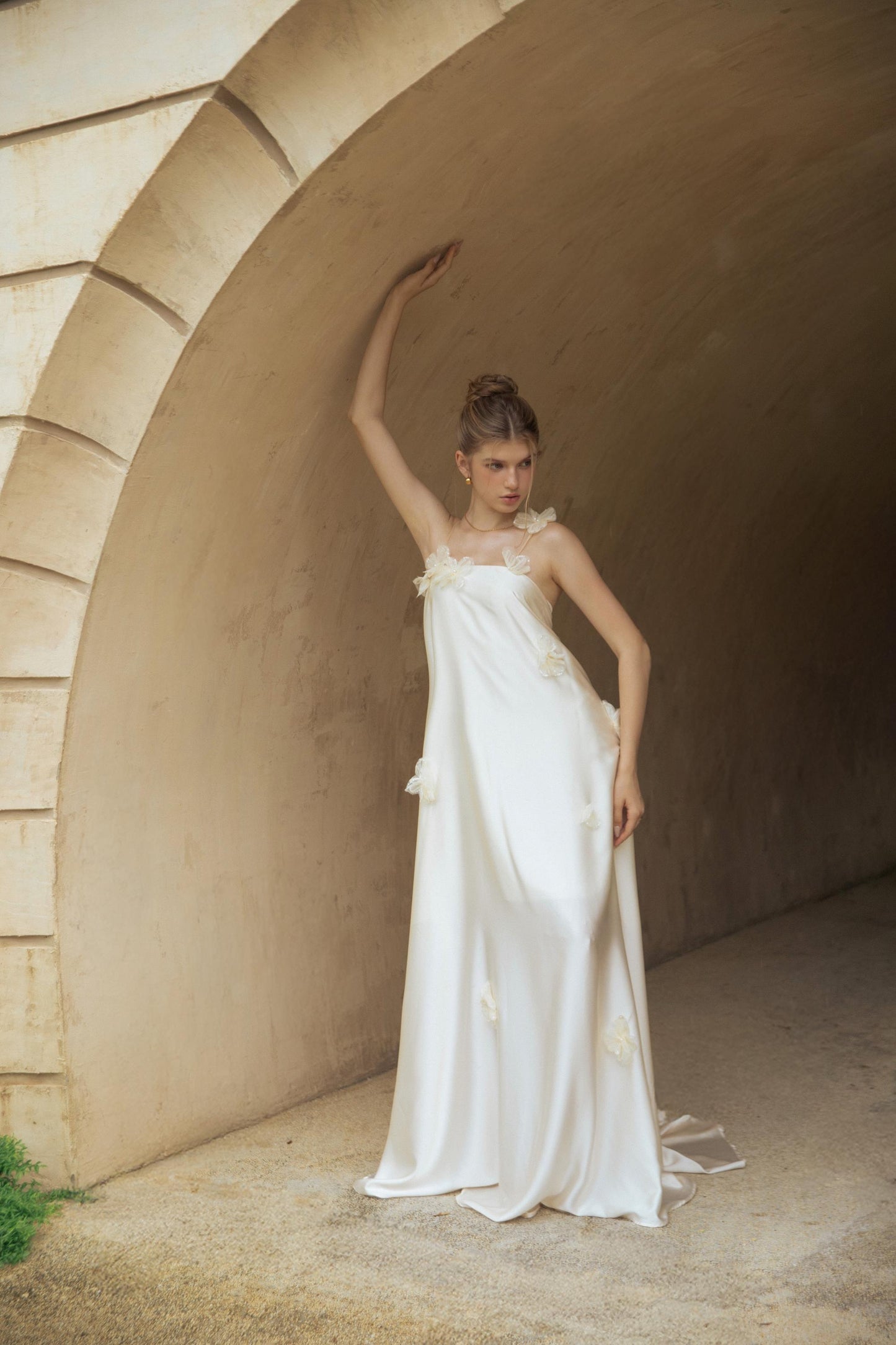 Ethereal Ivory Satin Evening Dress with 3D Floral Appliqués, Spaghetti Straps and Open Back
