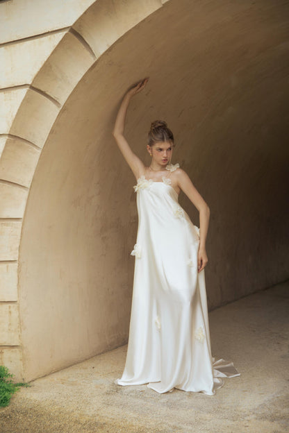 Ethereal Ivory Satin Evening Dress with 3D Floral Appliqués, Spaghetti Straps and Open Back