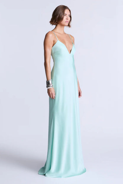 Ethereal Mint Satin Mermaid Spaghetti Strap Deep V-Neck Floor-Length Evening Dresses