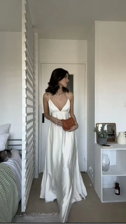 Ethereal Satin A-Line V-Neck Crisscross-Back Floor Length Prom Dress