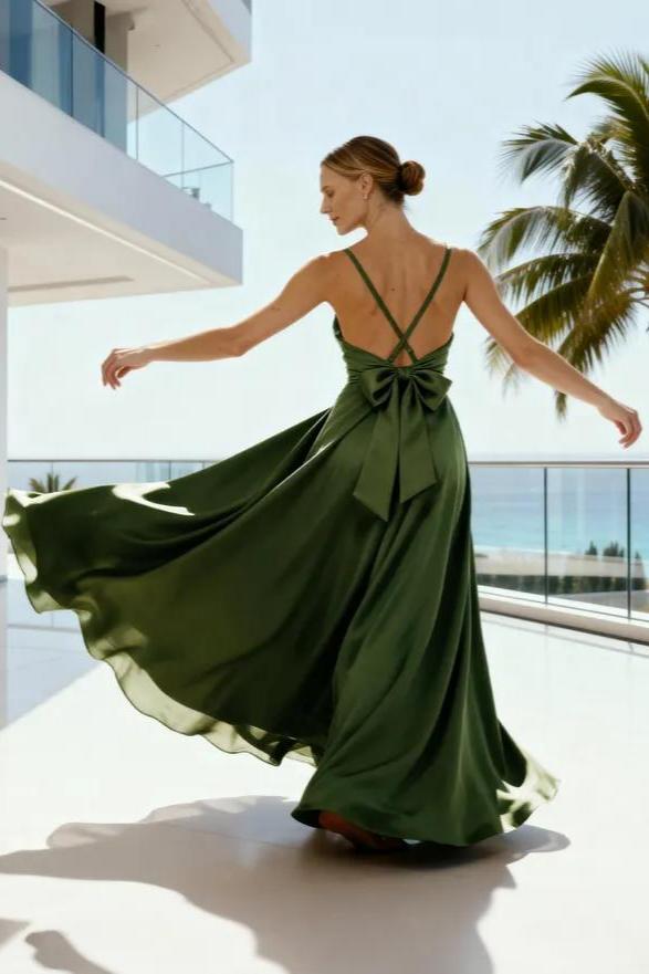 Ethereal Satin Evening Dresses with Spaghetti Straps, Deep V-Neckline, Crisscross Back Bow Detail and Voluminous A-Line Skirt Formal Gown