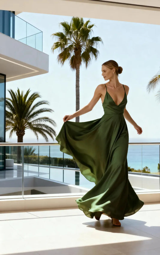 Ethereal Satin Evening Dresses with Spaghetti Straps, Deep V-Neckline, Crisscross Back Bow Detail and Voluminous A-Line Skirt Formal Gown