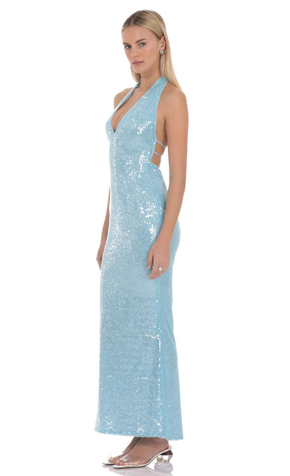 Ethereal Sky Blue Halter Neck Plunge V-neck Sequin Embellished Cutout Tie-back Open Back Bodycon Floor-length Evening Dresses