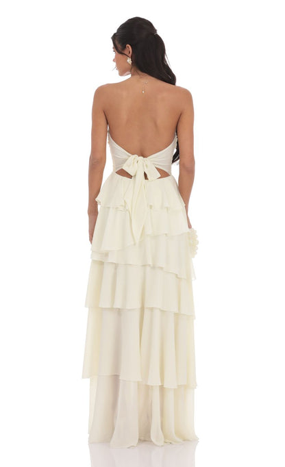 Ethereal Strapless Tiered Ruffle Chiffon Maxi Evening Dress with Back Bow Tie & High Slit
