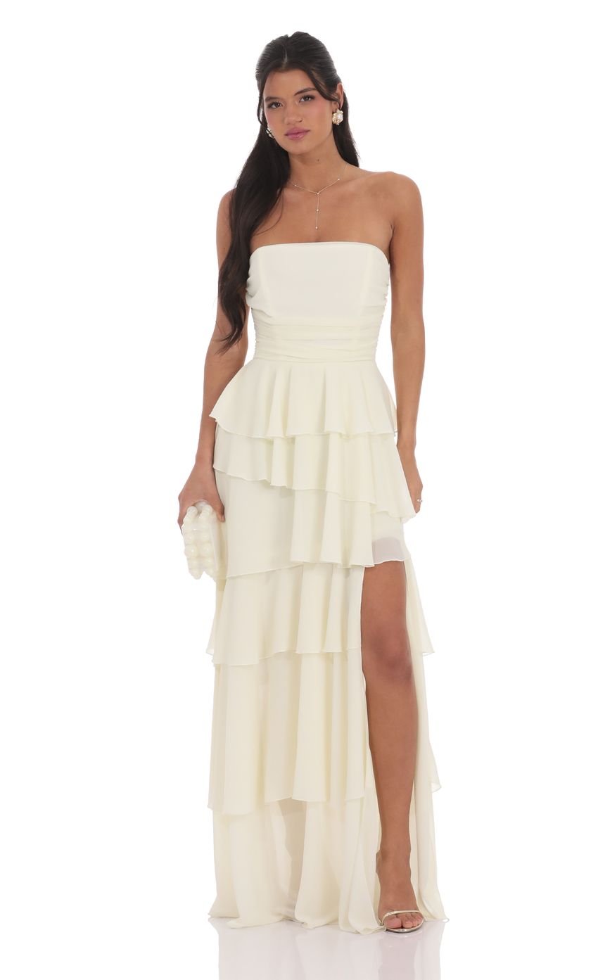 Ethereal Strapless Tiered Ruffle Chiffon Maxi Evening Dress with Back Bow Tie & High Slit