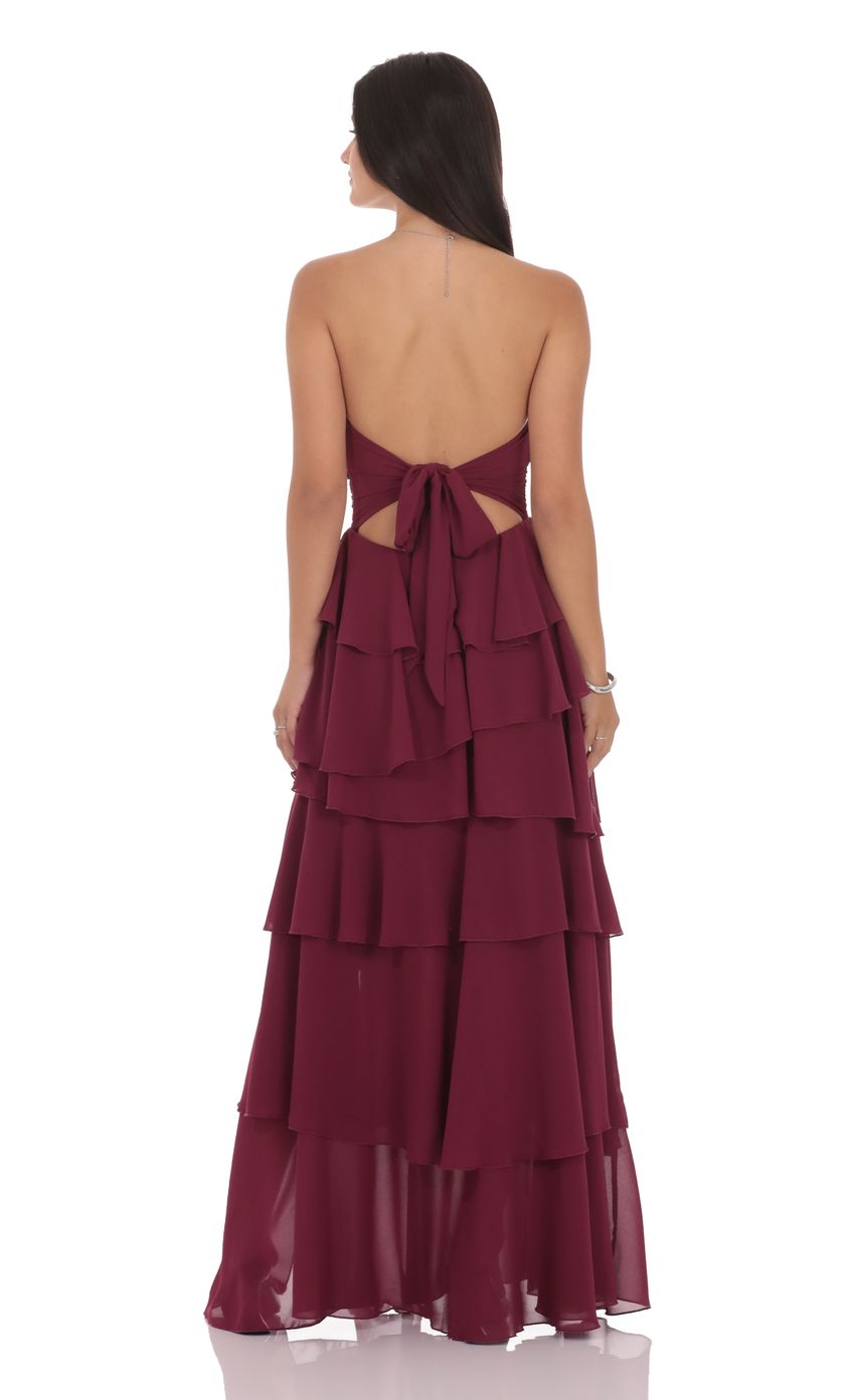 Ethereal Strapless Tiered Ruffle Chiffon Maxi Evening Dress with Back Bow Tie & High Slit