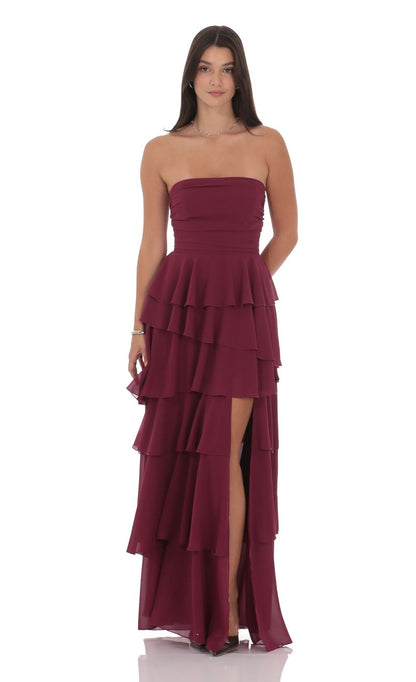 Ethereal Strapless Tiered Ruffle Chiffon Maxi Evening Dress with Back Bow Tie & High Slit