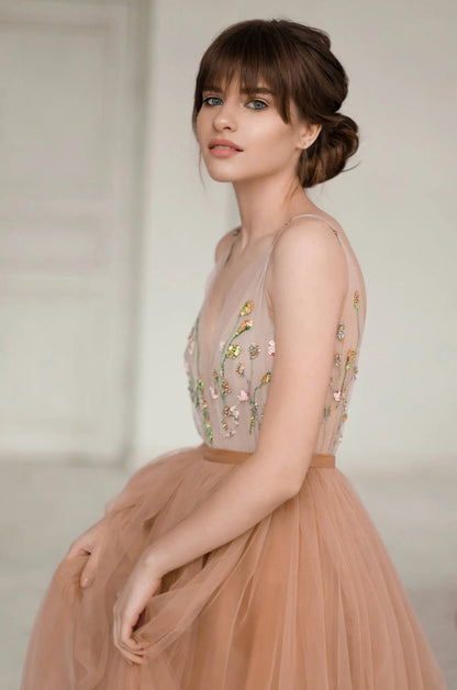 Ethereal Tulle Evening Dress with Floral Beading, Deep V-Neck and Dramatic Train