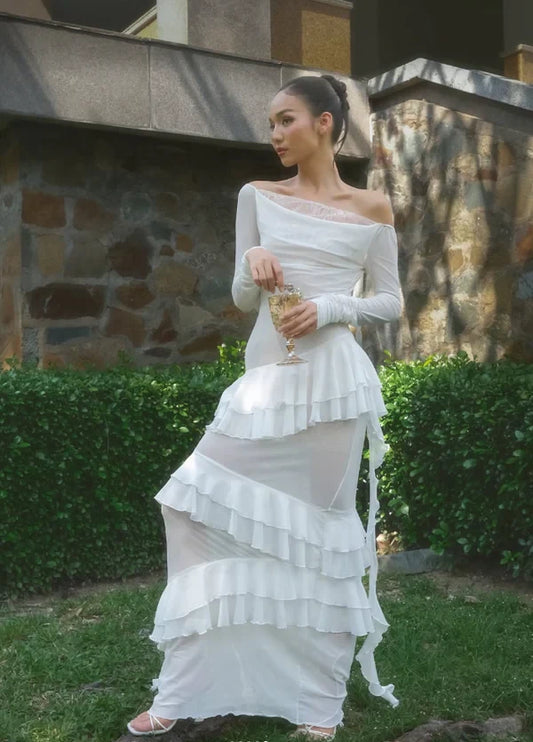 Ethereal Boho Chiffon Lace Sheath Off-Shoulder Long Sleeve Draped Lace Back Floor-Length Wedding Dresses