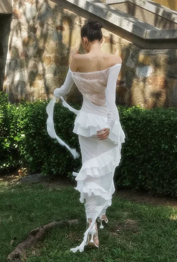 Ethereal Boho Chiffon Lace Sheath Off-Shoulder Long Sleeve Draped Lace Back Floor-Length Wedding Dresses