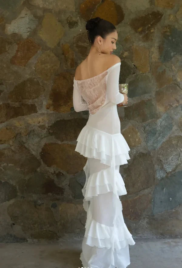 Ethereal Boho Chiffon Lace Sheath Off-Shoulder Long Sleeve Draped Lace Back Floor-Length Wedding Dresses