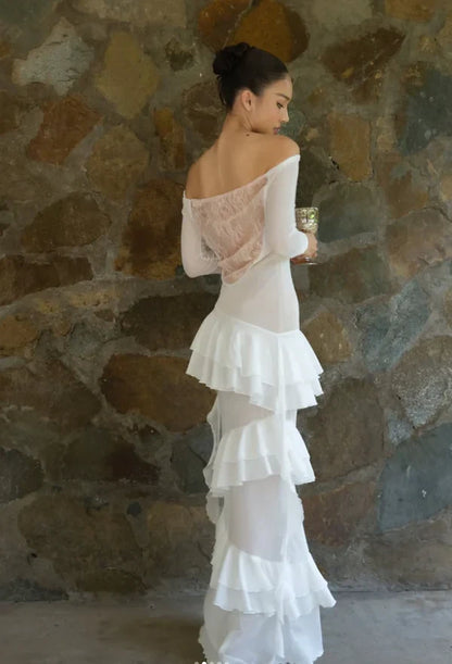 Ethereal Boho Chiffon Lace Sheath Off-Shoulder Long Sleeve Draped Lace Back Floor-Length Wedding Dresses