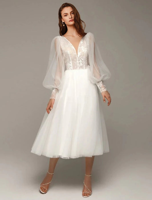 Ethereal white lace tulle Aline deep Vneck puff long sleeve Vback midi length wedding dress