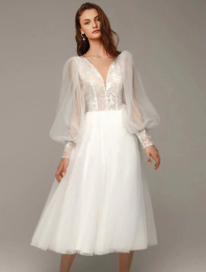 Ethereal white lace tulle Aline deep Vneck puff long sleeve Vback midi length wedding dress