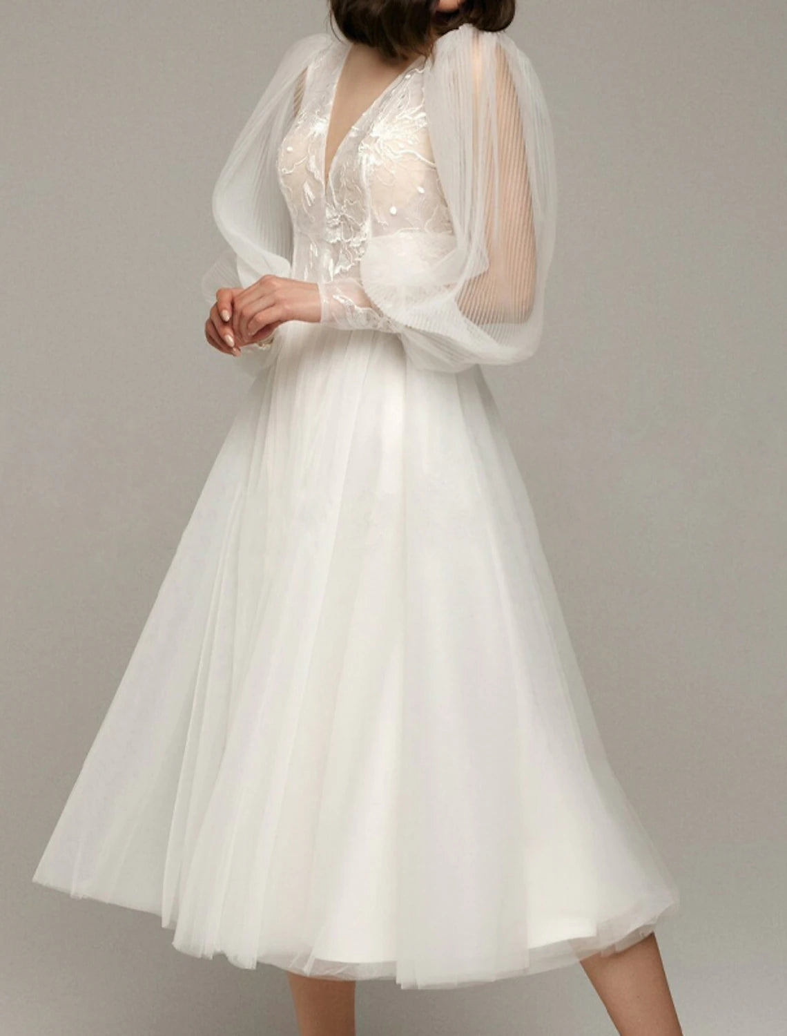 Ethereal white lace tulle Aline deep Vneck puff long sleeve Vback midi length wedding dress