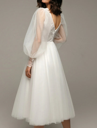 Ethereal white lace tulle Aline deep Vneck puff long sleeve Vback midi length wedding dress