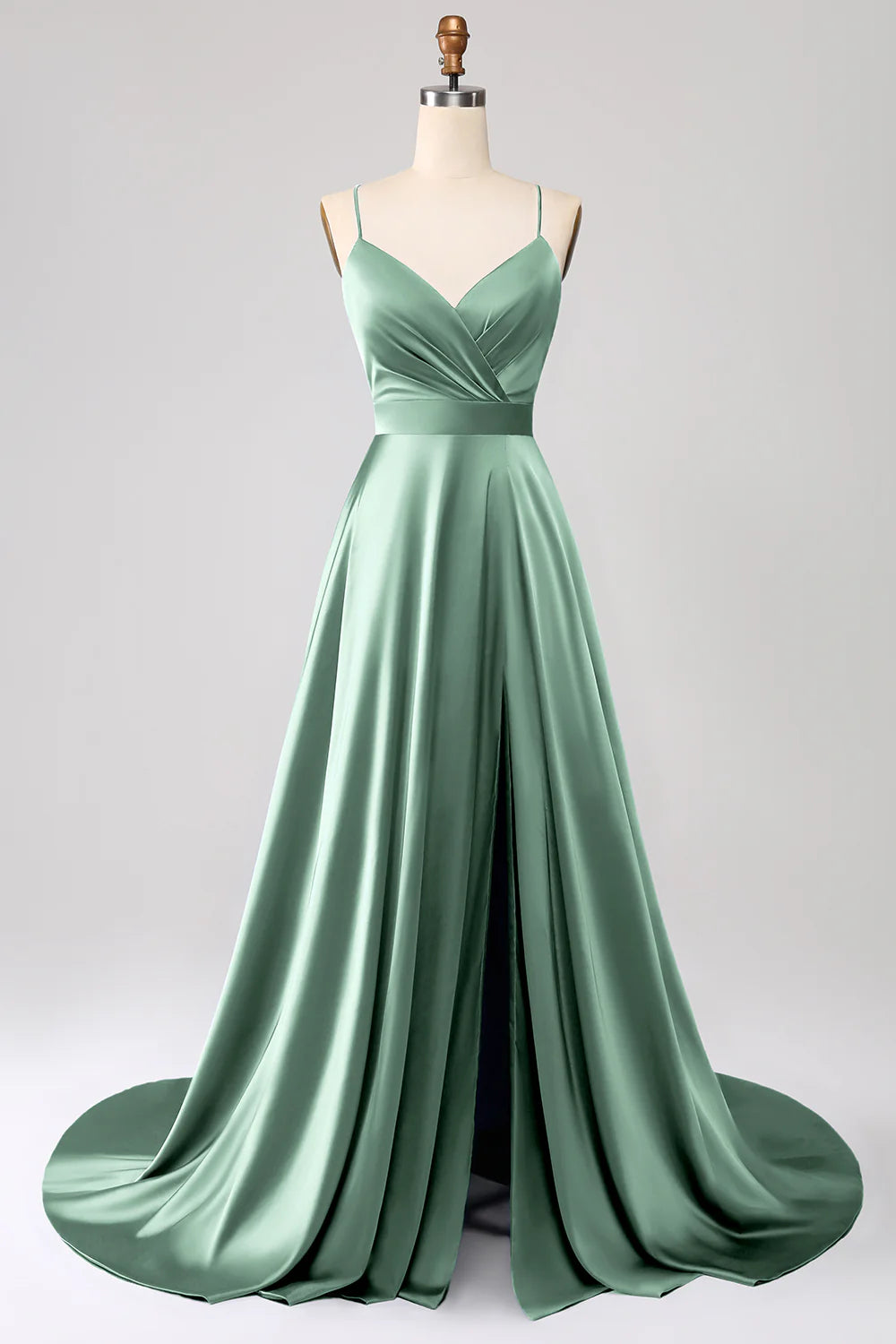 Dusty Rose A-line thin shoulder strap slit satin ball dress