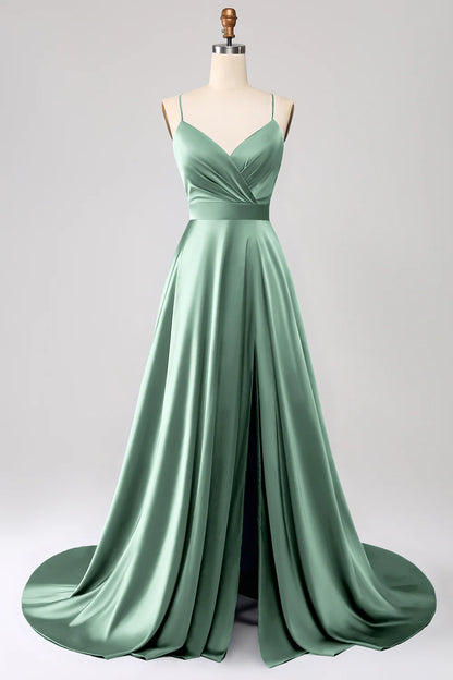 Dusty Rose A-line thin shoulder strap slit satin ball dress