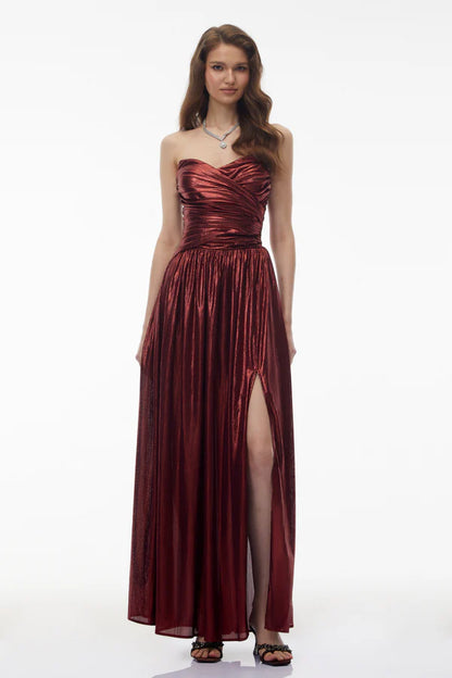 Metallic Pleated Strapless Sweetheart Floor Length Evening Dress with Front Slit